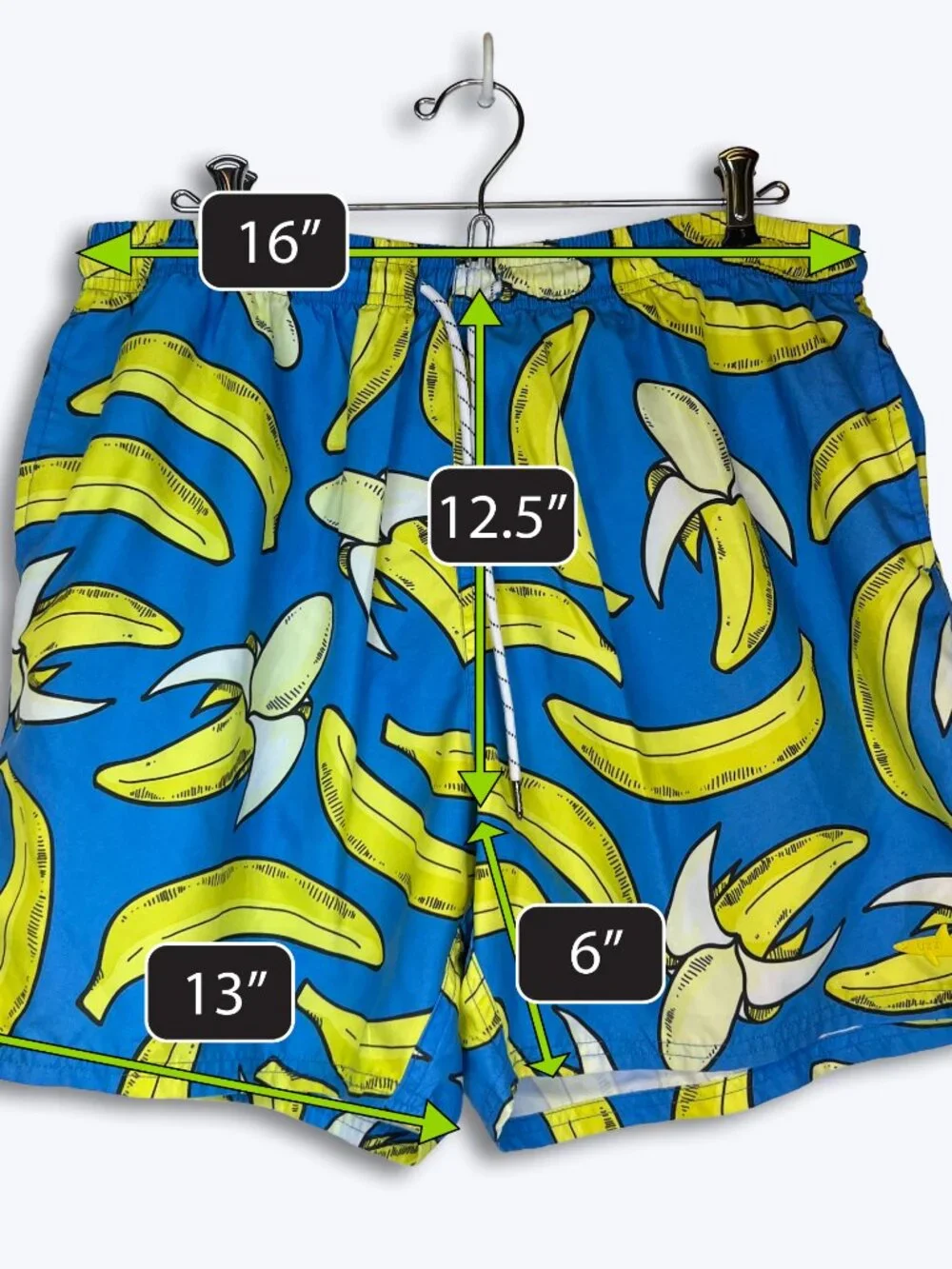 UZZI Mens Swim Trunks L Banana Print Blue Board Shorts Elastic Pockets Lined